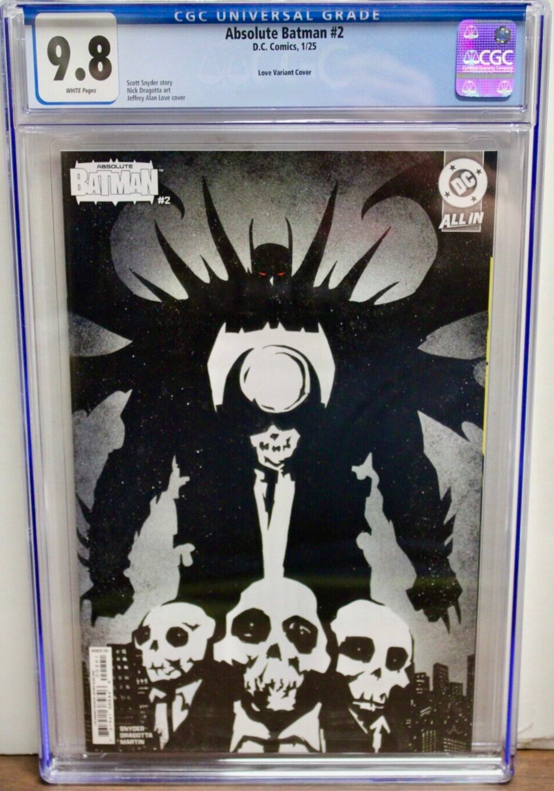 CGC 9.8 Absolute Batman #2 Cover D 1 in 25 Jeffrey Alan Love Card Stock Variant